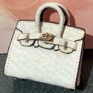 👜 Handmade Genuine Leather Mini White Cowhide Hair Birkin Textured Bag Charm